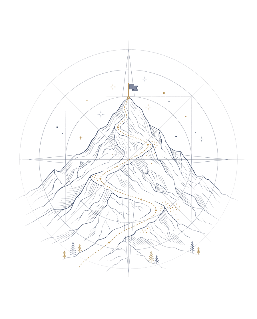 Line illustration: a dashed gold route winding up a mountain to a flag at the summit.